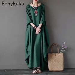 Vintage Long Maxi Dress Women Long Sleeve Big Size Kaftan Baggy Loose Cotton Linen Casual Dresses 2025 Sukienki 5XL Ropa Mujer