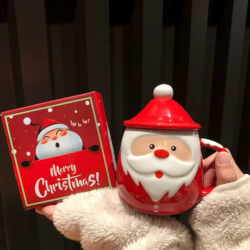 450ml Christmas Couple Ceramics Cup With Lid Spoon Cute Santa Claus Holiday Coffee Mug Thanksgiving Party Gifts Milk Juice Latte