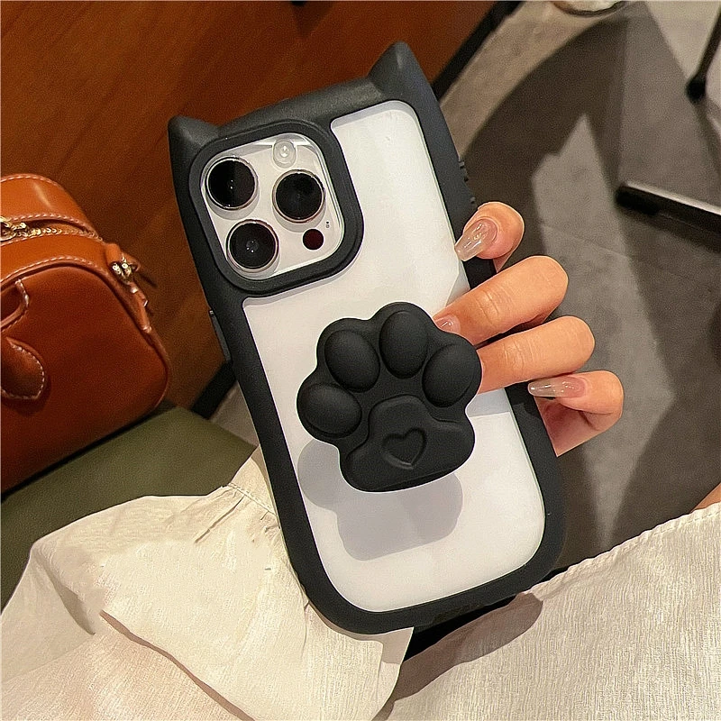 Japan Cartoon Cute Cat Paw Stand Clear Phone Case For iPhone 15 13 14 12 Pro Max 11 Lovely Cat Ear Silicone Protective Cover