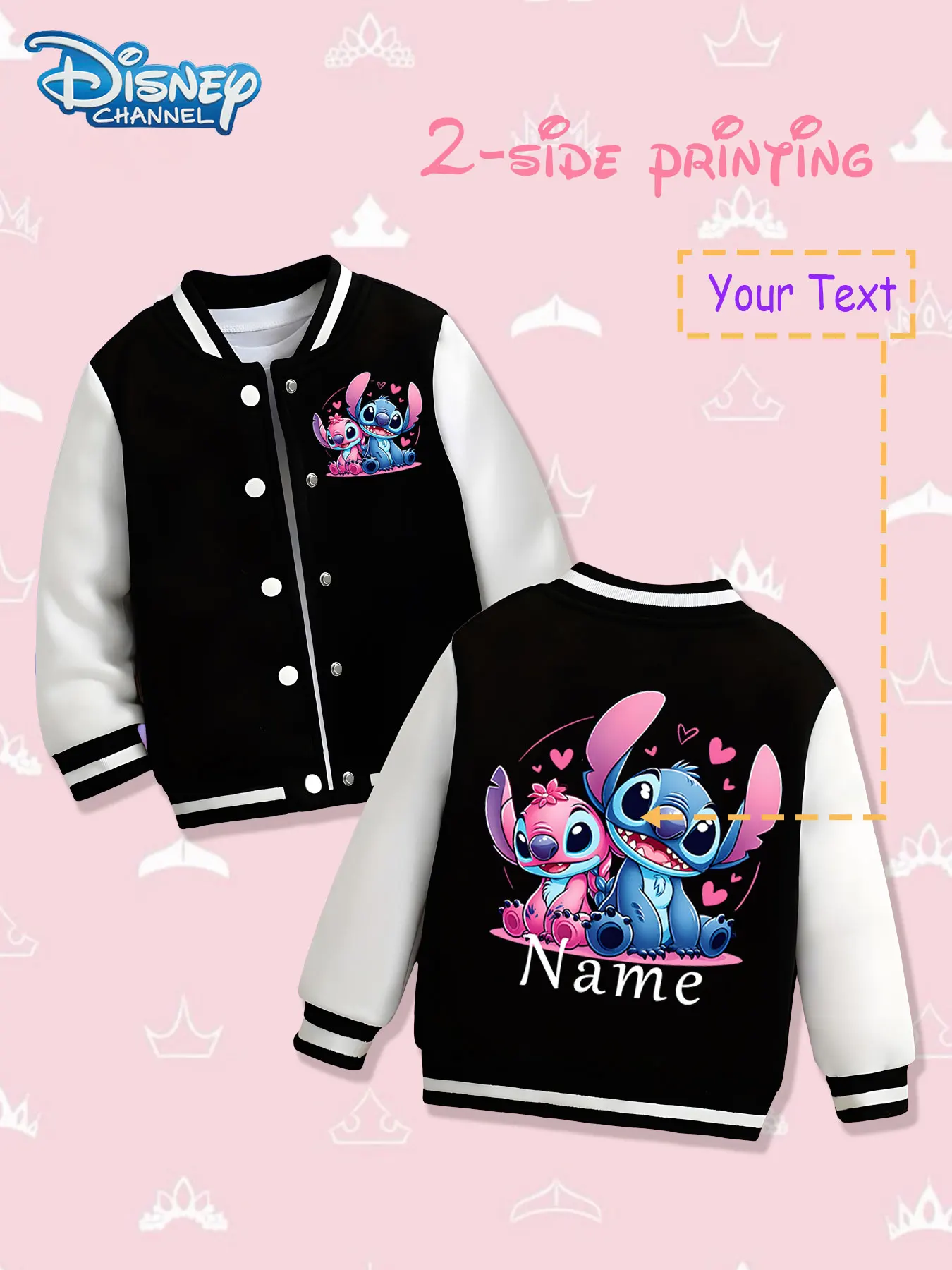 

MINISO Disney Stitch and Angie girls' baseball jacket - double-sided cute print, warm and cute in autumn and winter, suitable fo
