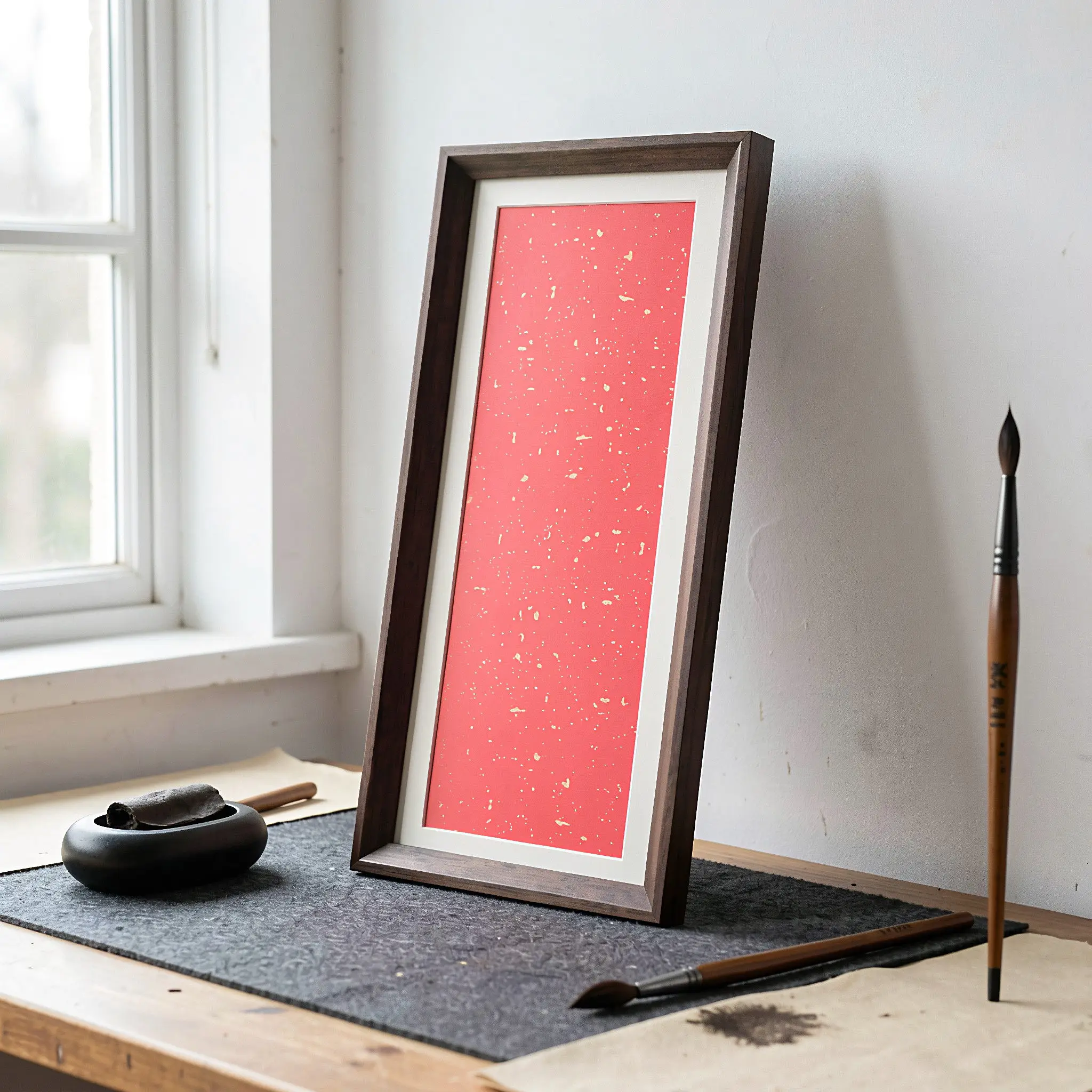 1Set Calligraphy Display Organizer Wood Photo Frame Red 16.6x5.9 Inch Desktop Xuan Paper Holder Table Picture Frame for Chinese