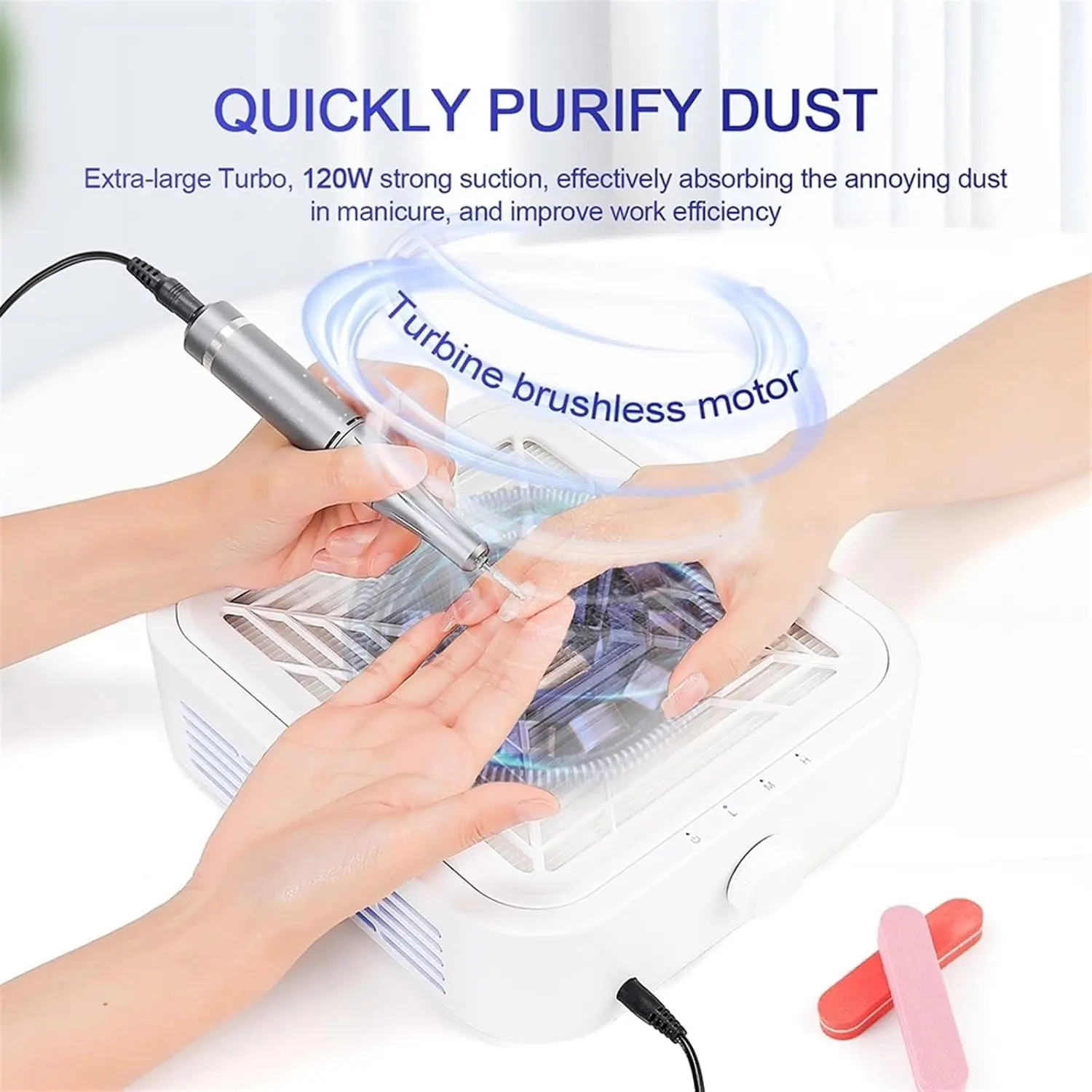 Turbine Brushless 120W Nail Dust Collector Strong Suction Nail Vacuum Cleaner for Nails Manicure with Removable Filter Non-noise