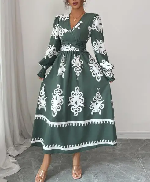 Robe longue à manches longues et col en V pour femmes, motif brodé floral avec accent de la taille et poignets à volants, robe élégante et décontractée