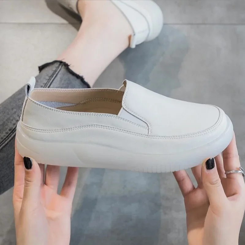 2025 Women Genuine leather Jogging Shoes Cow Leather Soft Sole Slip-on Flat Loafers Ladies Sneakers Breathable Walking Trainers