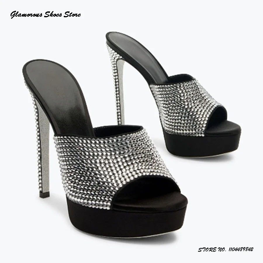 

Crystal Embellished Leather Platform Mules Women's Round Open Toe Thin Heels Party Shoes Summer Fashion Pull On Modern Slippers