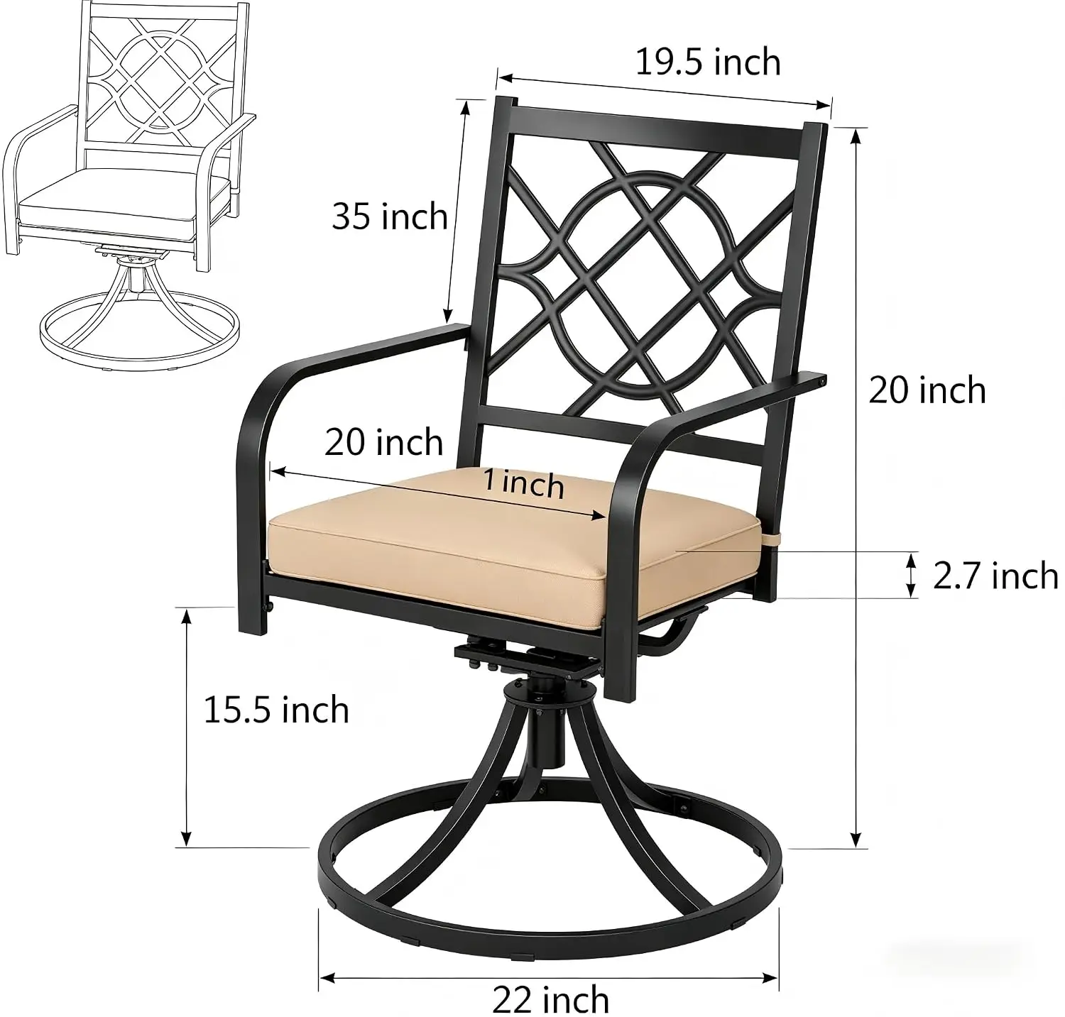 5-Piece Metal Outdoor Patio Dining Set, 4 Swivel Chairs & Square Table with Umbrella Hole, Customized