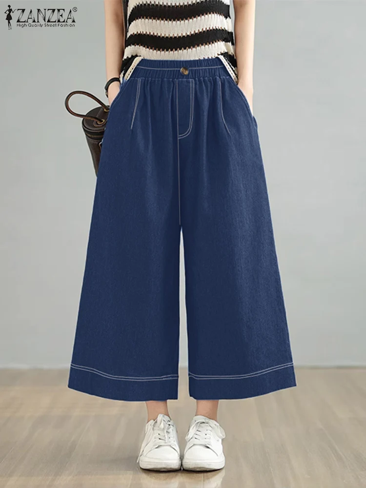 

ZANZEA Denim-Look Contrast-Stitch Cropped Trousers Casual Womens Loose 2025 Spring Summer Capris Elastic Waist Wide Leg Pants