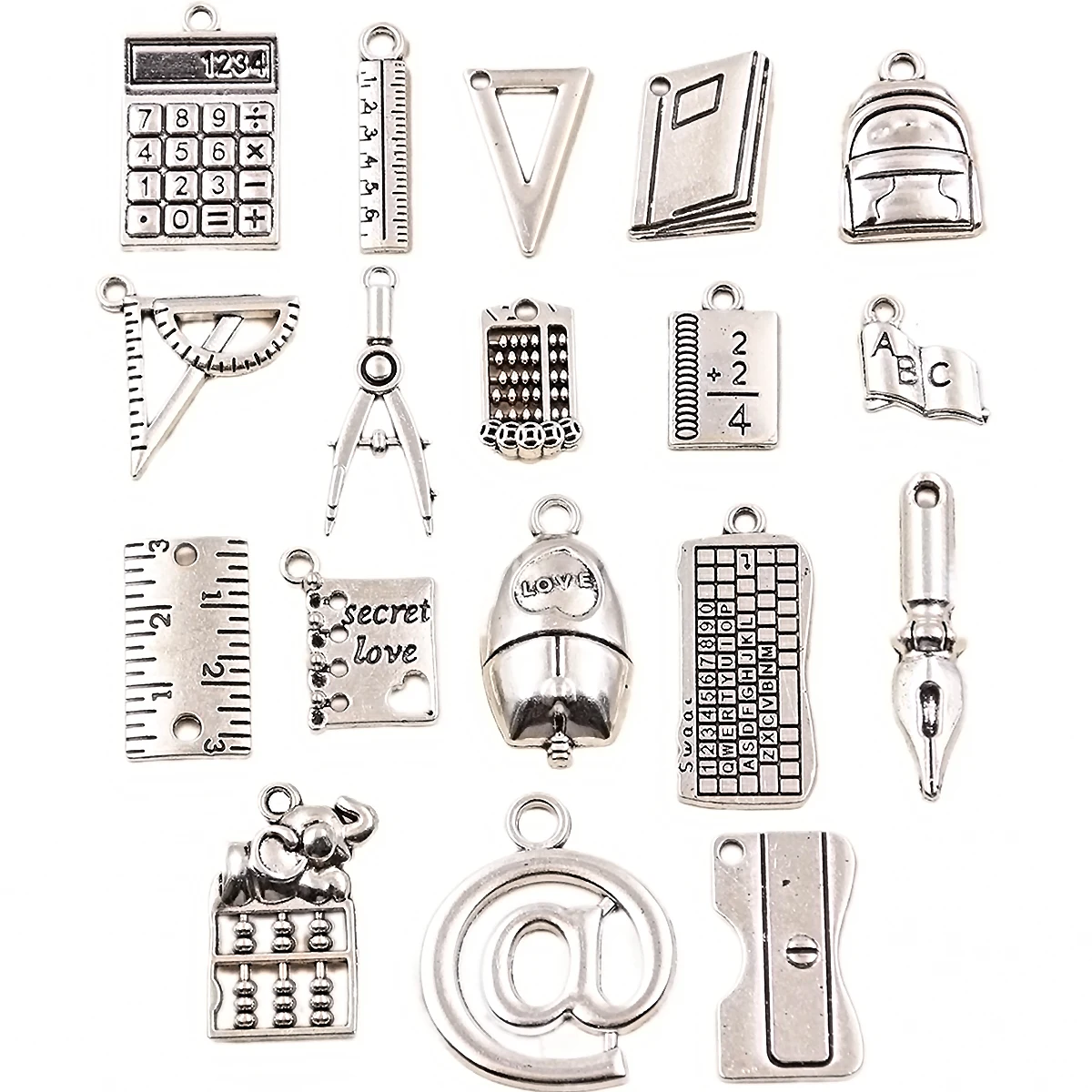 20PCS 18Styles Mixed Alloy Book Keyboard Ruler Charms For Jewelry Making DIY Handmade Music Learning Supplies Stationery Pendant