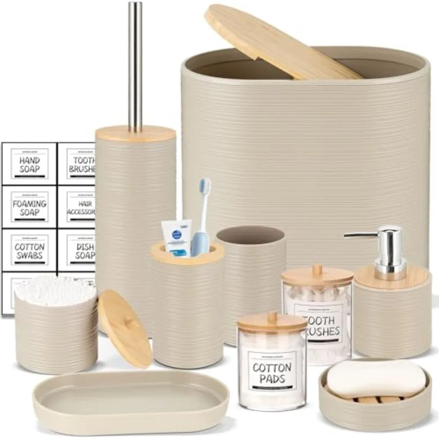 

Аксессуары бежевого цвета: мусорное ведро, дозатор для мыла, мыльница, держатель для зубных щеток, стакан для зубных щеток, держатель для туалетной щетки, держатель для ватных палочек.