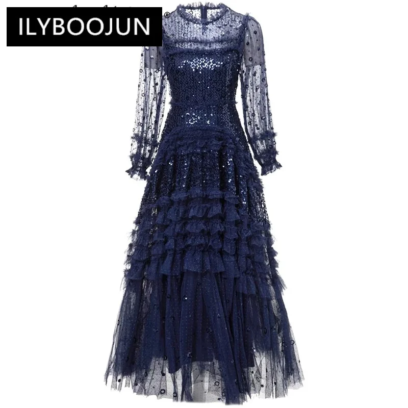 

ILYBOOJUN Designer Spring Autumn Mesh Maxi Dress Women O-Neck Lantern Sleeve Sequins Ruffle Vintage Party Ball Gown Dress