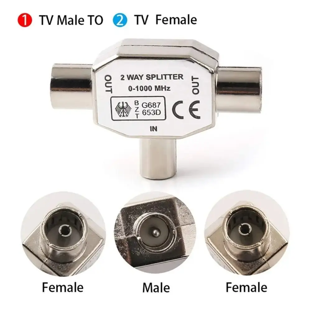 Male To Two Female TV Aerial Coaxial Connector 2 Way Plug TV/T Adapters Coaxial Coupling Jack T/F Type Antenna Distributor