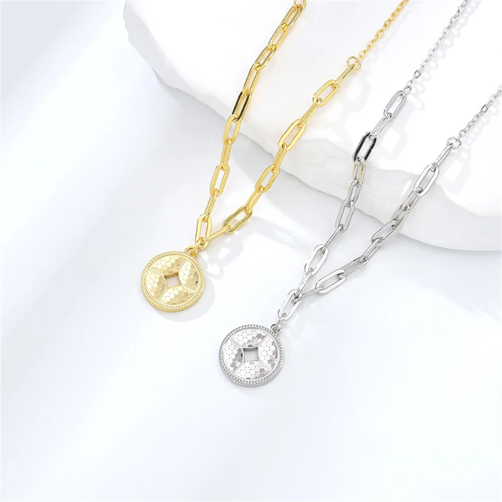 

Korean Autumn Winter 925 Silver Necklace, Crushed Ice Copper Coin Pendant, Premium Niche Dual-Use Collarbone & Layering Chain
