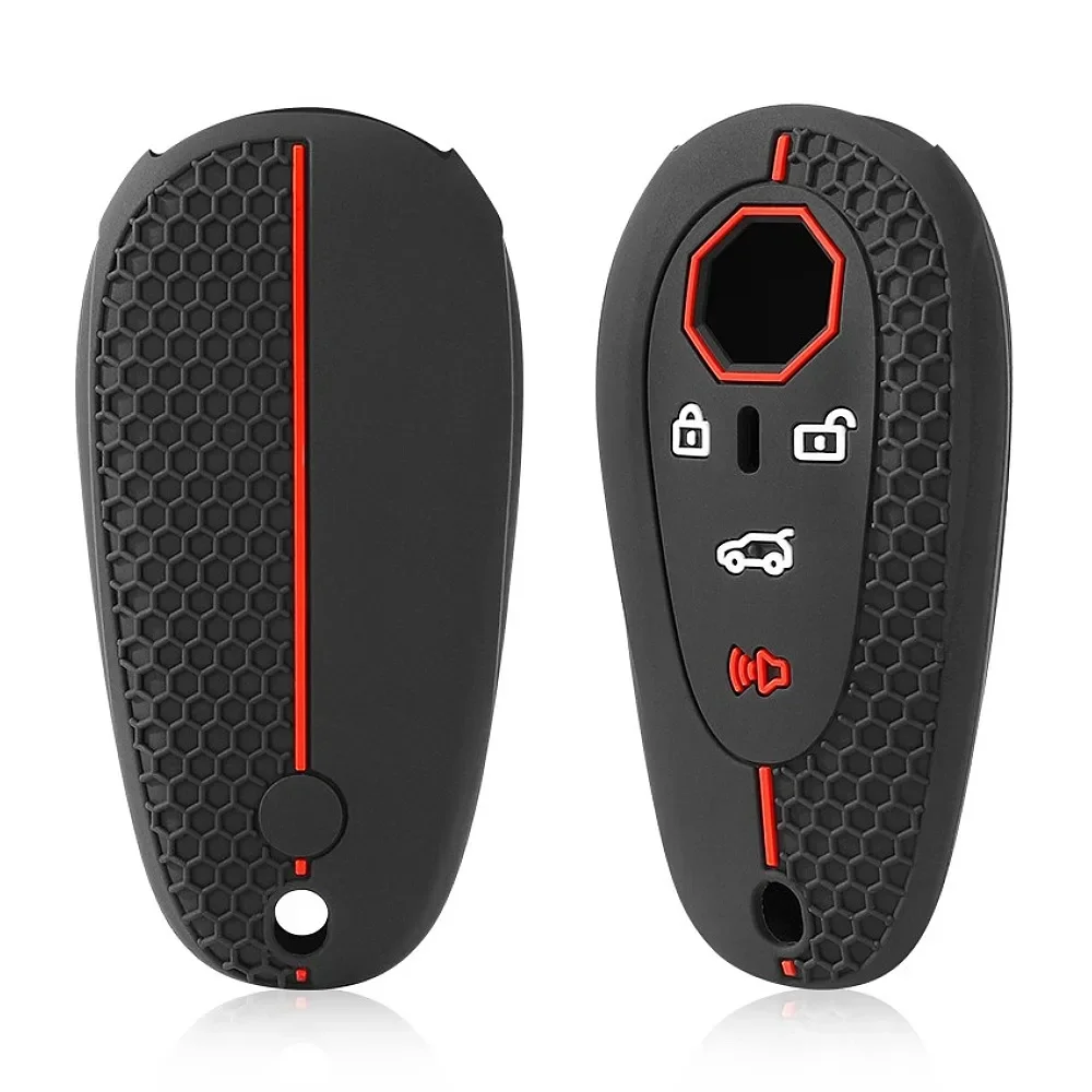 Silicone Car Key Fob Cover for MG Cyberster, 4-Button Remote Case with Honeycomb Texture, Black and Red Trim and Keyring Hole