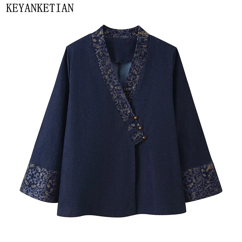 

KEYANKETIAN Autumn New Women's Clothing Retro V-neck Jacquard Splicing Cross Washed Denim Kimono Outerwear Women Coat