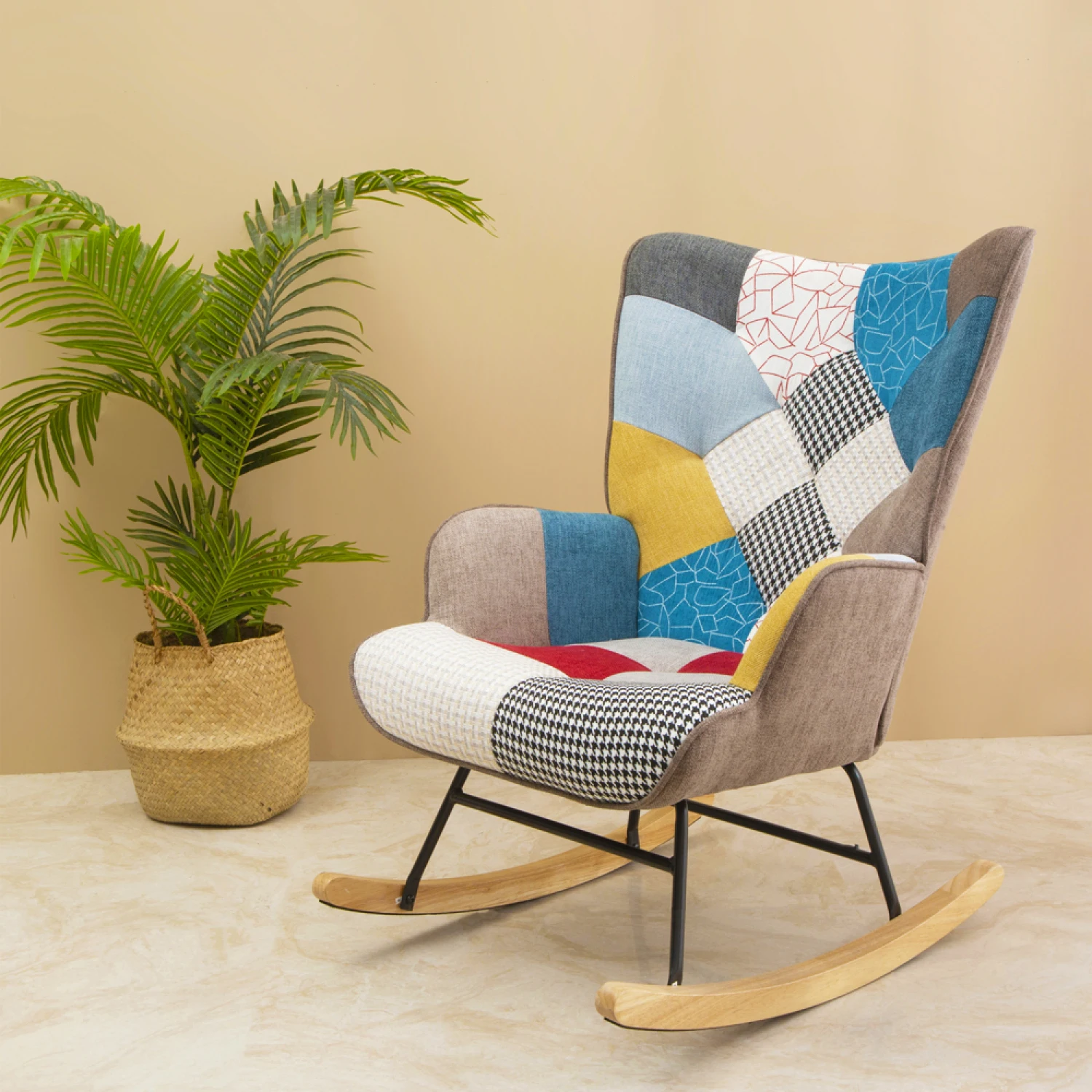 

Rocking Chair, Mid Century Fabric Rocker Chair with Wood Legs and Patchwork Linen for Livingroom Bedroom