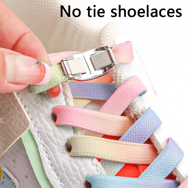 Colourful Gradient Rainbow Shoelaces Without Ties New Metal Rugby Shape Locks Shoestring Convenient Lazy Shoe Accessories 1 Pair