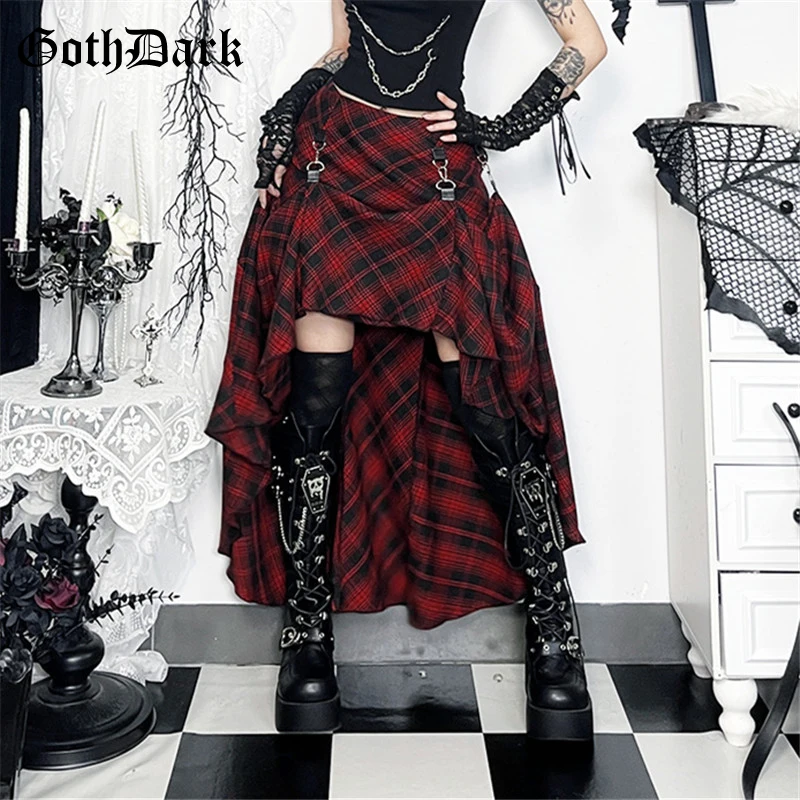 Gothic Red Plaid Loose Skirt Women's A-Line