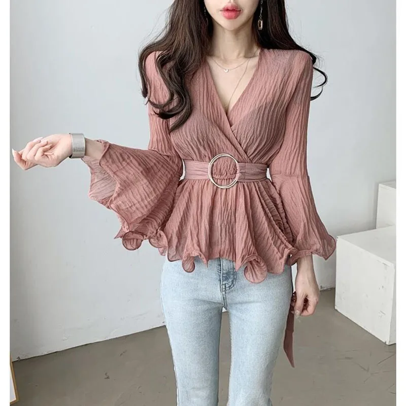 Elegant V-Neck Lace Up Folds Ruffles Flare Sleeve Blouse Female Clothing 2023 Spring Autumn New Casual Pullovers Sweet Shirt