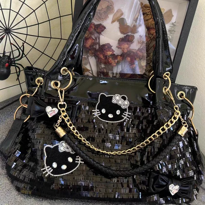 

MBTI Y2K Hello Kitty Shoulder Bag for Women Gothic Chains Black Motorcycle Handbag Casual PU Leather Punk Fashion New Armpit Bag