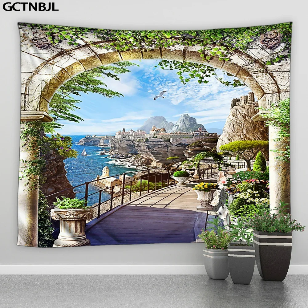 Viewing Platform Tapestry Beautiful Landscape Ancient Rome Middle Ages Mountain Forest Castle Hippie Wall Hang Bedroom Blanket