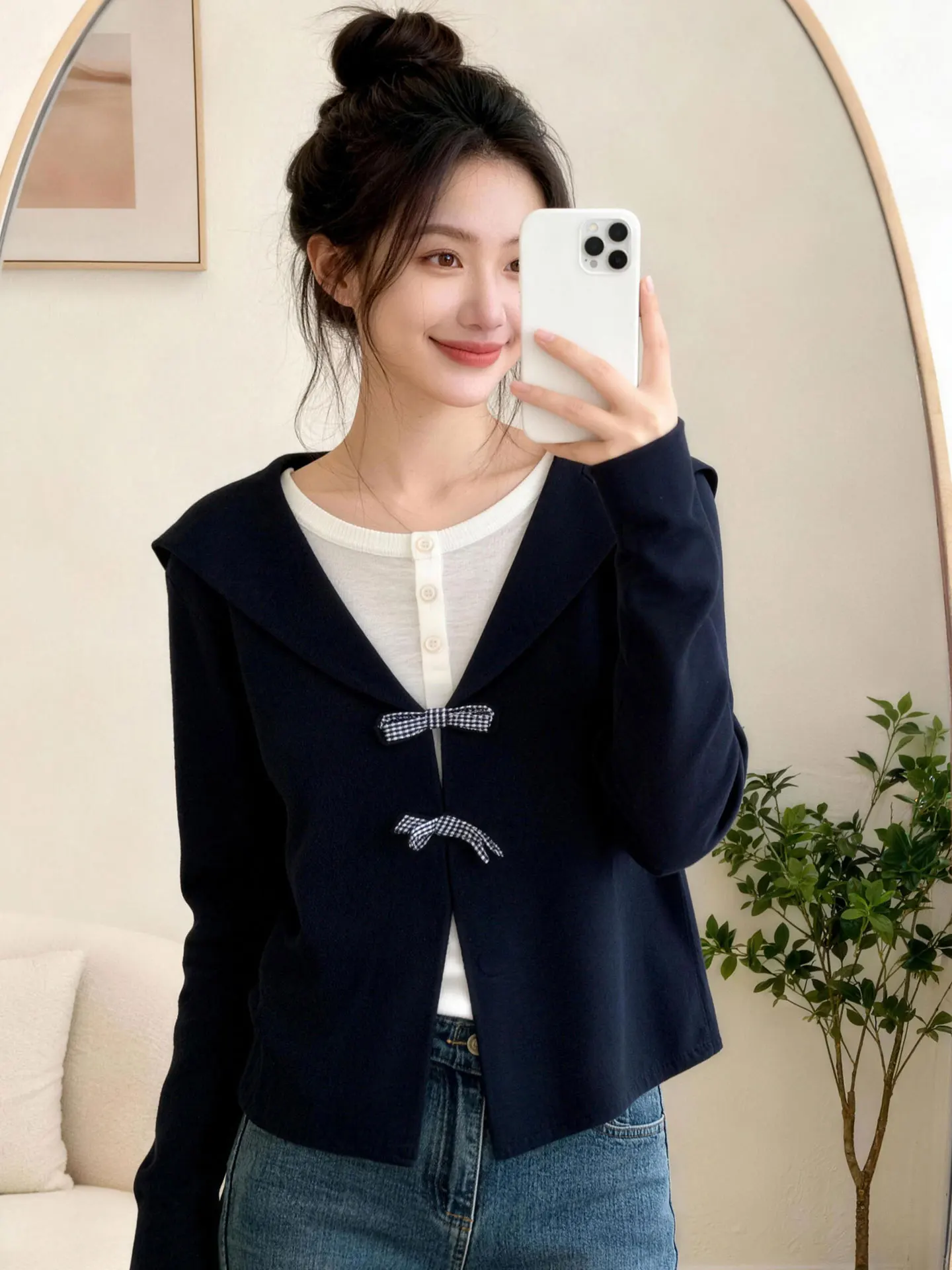 plus Size Women's Navy Collar Long Sleeve Base Shirt Casual Style Patchwork Top Breathable Polyester Fabric Autumn Season
