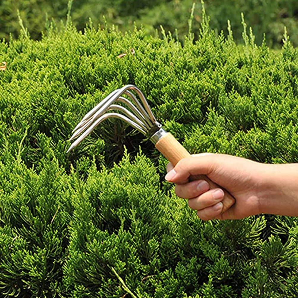 

5 Tine Claw Rake Durable Stainless Steel Wood Handle Beach Shell Digging Tool Portable Home Beach Essentials Hand Rake