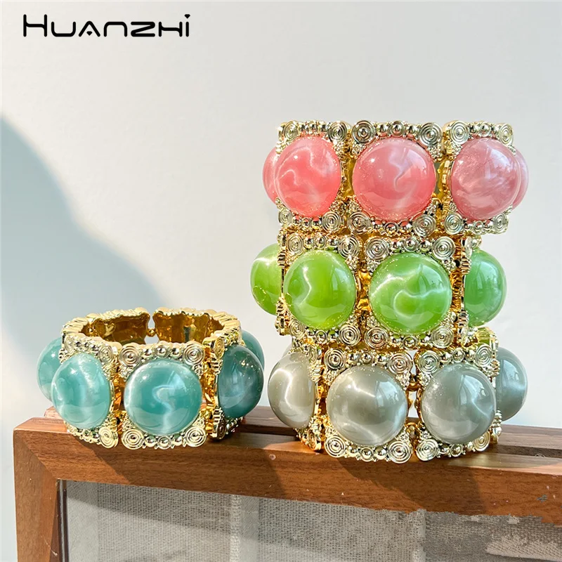 HUANZHI New Vintage Exquisite Colorful Resin Elastic Bracelet Wide Thick Massive Elegant French Ladies' Jewelry
