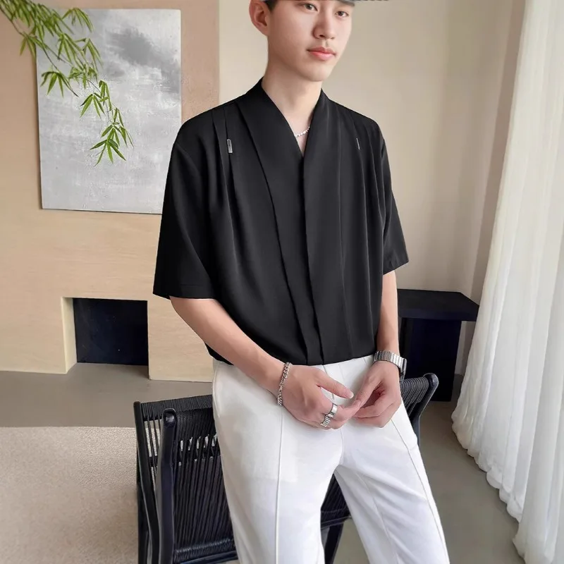 

KIDWHXR Man Summer Suit T-shirt Korean Thin Breathable V-neck Male Top Simple Solid Color Short Sleeve Versatile Men Shirts