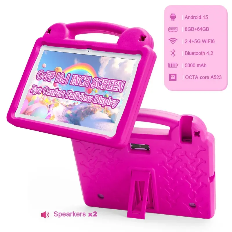Tablet per bambini, Tablet per bambini Batteria da 10,1 pollici 5000 mAh Tablet da 8 GB + 64 GB Android 2025, 2 MP + 5 MP, 1280 * 800 IPS Supporto doppio altoparlante