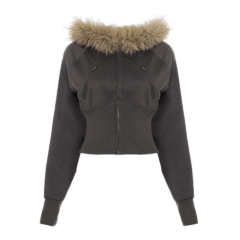 

Faux Furry Trim Hooded Fitted Cropped Jacket Y2K Long Sleeve Zipper Coat High Street Casual Autumn Winter Outfits