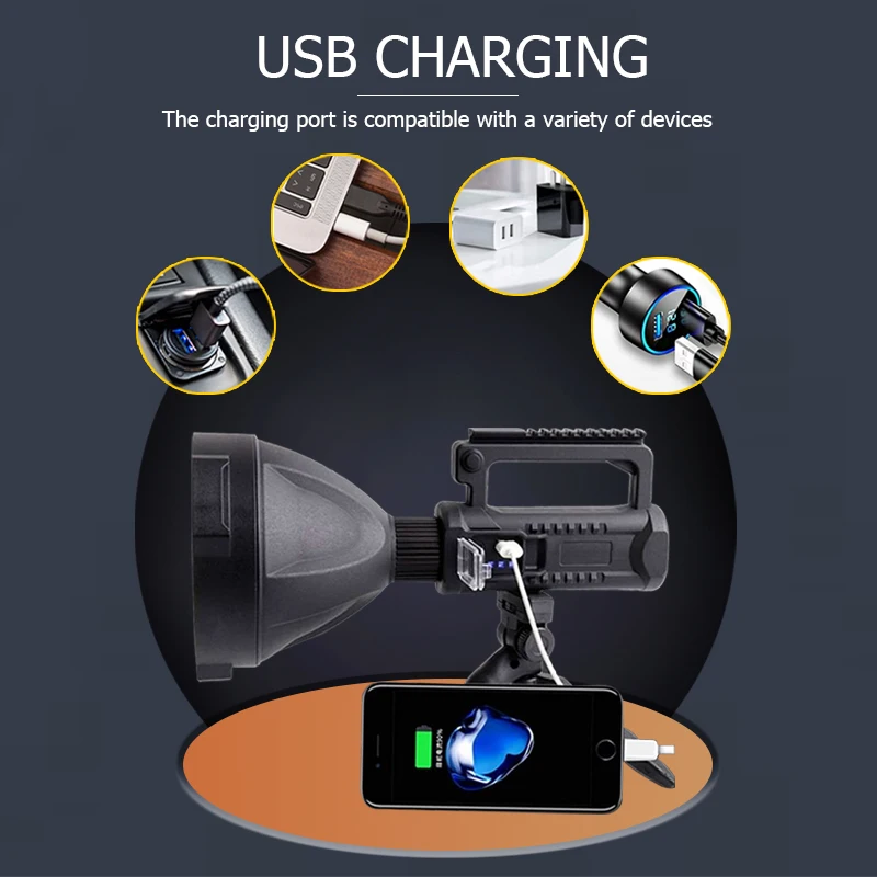 Poderoso Multi-funcional USB recarregável lanterna LED, impermeável, portátil, portátil, Holofote, Super brilhante