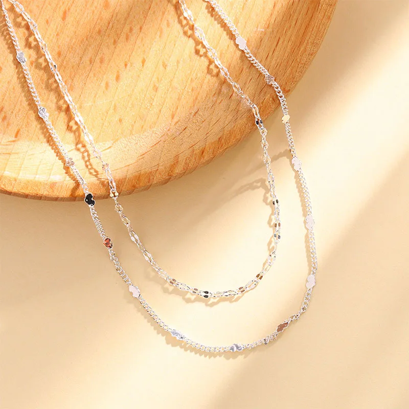 925 Sterling Silver Shiny Double-Layer Heart Necklace Fashionable Temperament Collarbone Chain Birthday Jewelry Gift Wholesale