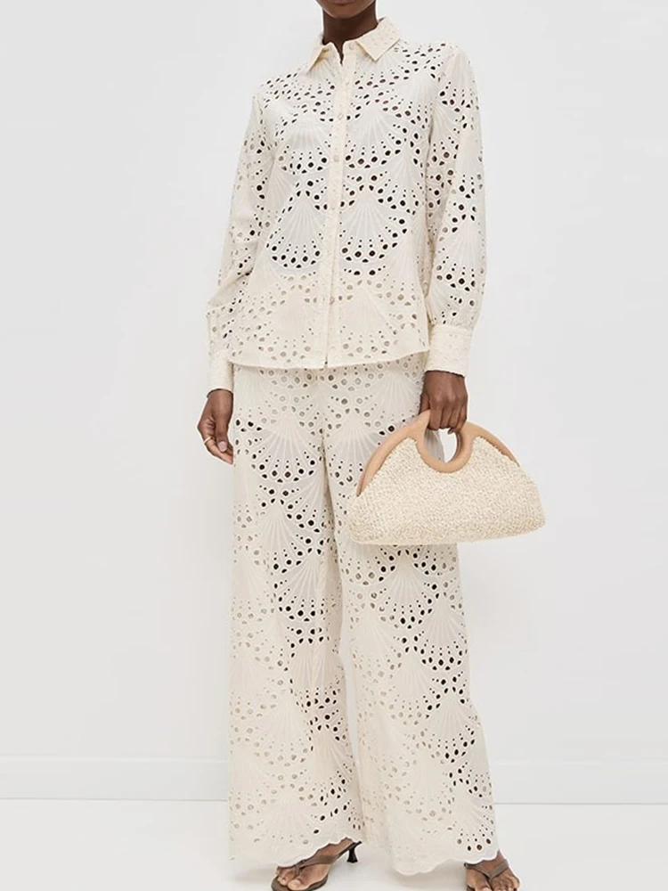 Traje de oficina holgado con bordado a la moda, camisa informal de manga larga y pantalón largo, conjuntos de 2 piezas con botones de solapa elegantes para mujer