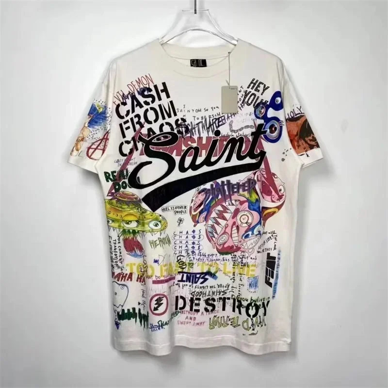 

25ss Saint Michael Oversized T-Shirt Men Women 1:1 Top Quality Pure Cotton Casual Cartoon Graffiti Print T Shirts