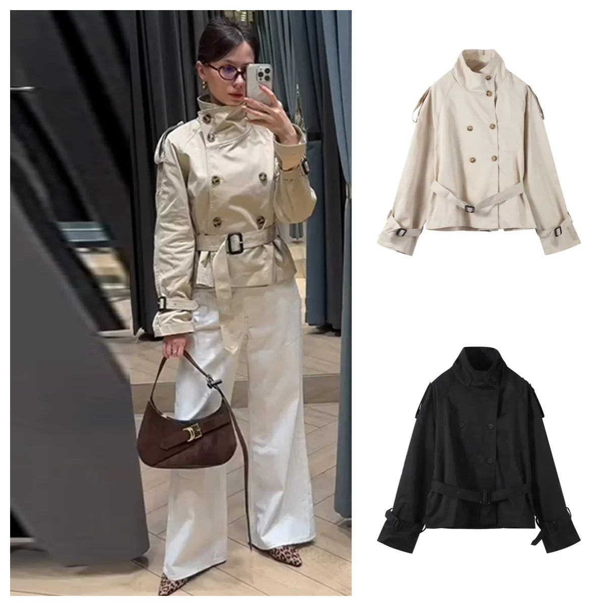 

Новинка 2023 года, осенний женский модный плащ с воротником-стойкой и длинным рукавом, двубортная короткая ветровка с поясом, офисные женские куртки