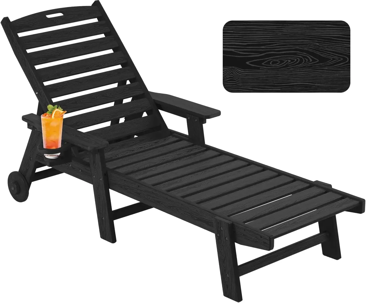 Lounge Chair Outdoor with Wheels, Oversize Patio Lounge Chair with Wood Texture, 5-Position Plastic Lounge Chair for Poolside, P