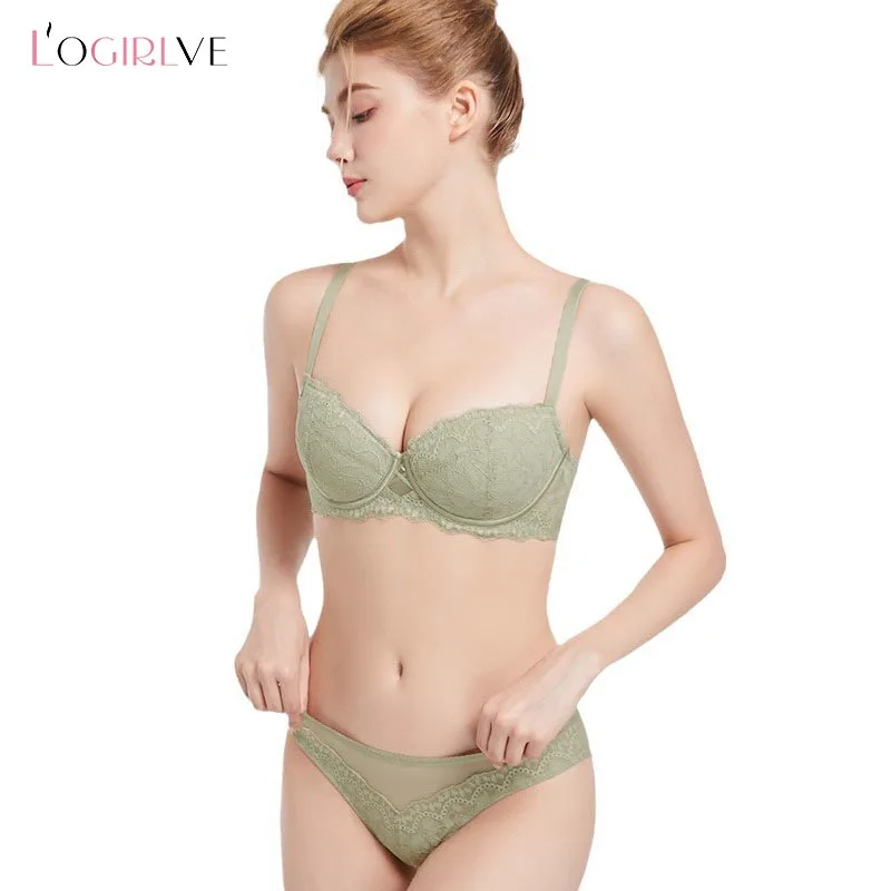 Logirlve Women's Push up Bra Set Green Brassiere 1/2 Cup Underwire Embroidered Lace Underwear for Women's New Collection