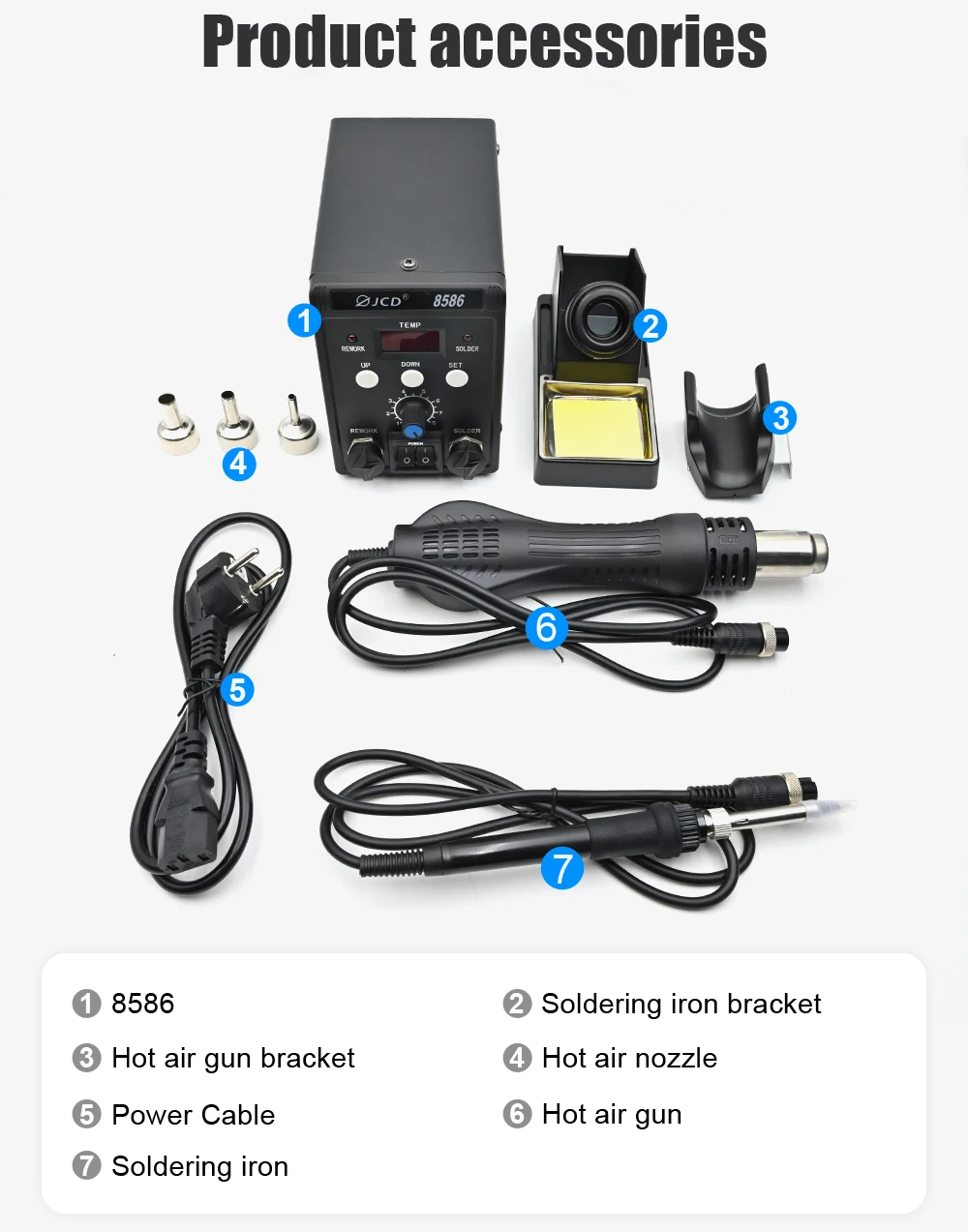 JCD 2-in-1 Soldering Station 8586 with Digital Display SMD Rework Hot Air Gun And Solder Iron ESD Safe 110V Welding Desoldering Repair Tool Set