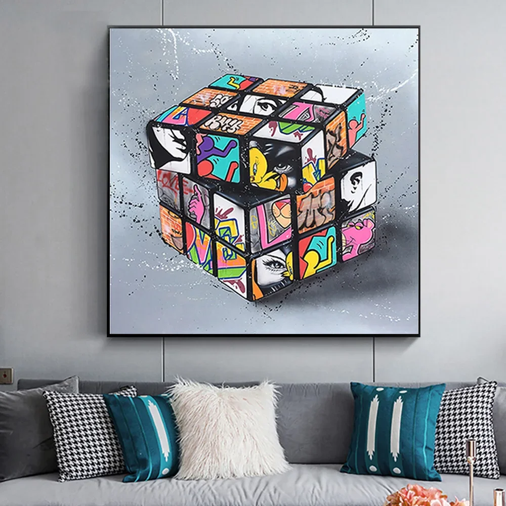 

Colorful Magic Cube Graffiti Art Oil Painting Canvas Painting Wall Art Rubik's Cube Picture for Living Room Home Design Decor