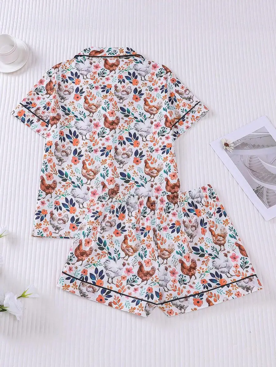 

2pcs Womens Chicken And Floral Print Pajama Set Front Button Short Sleeve Top And Shorts Collar Pockets
