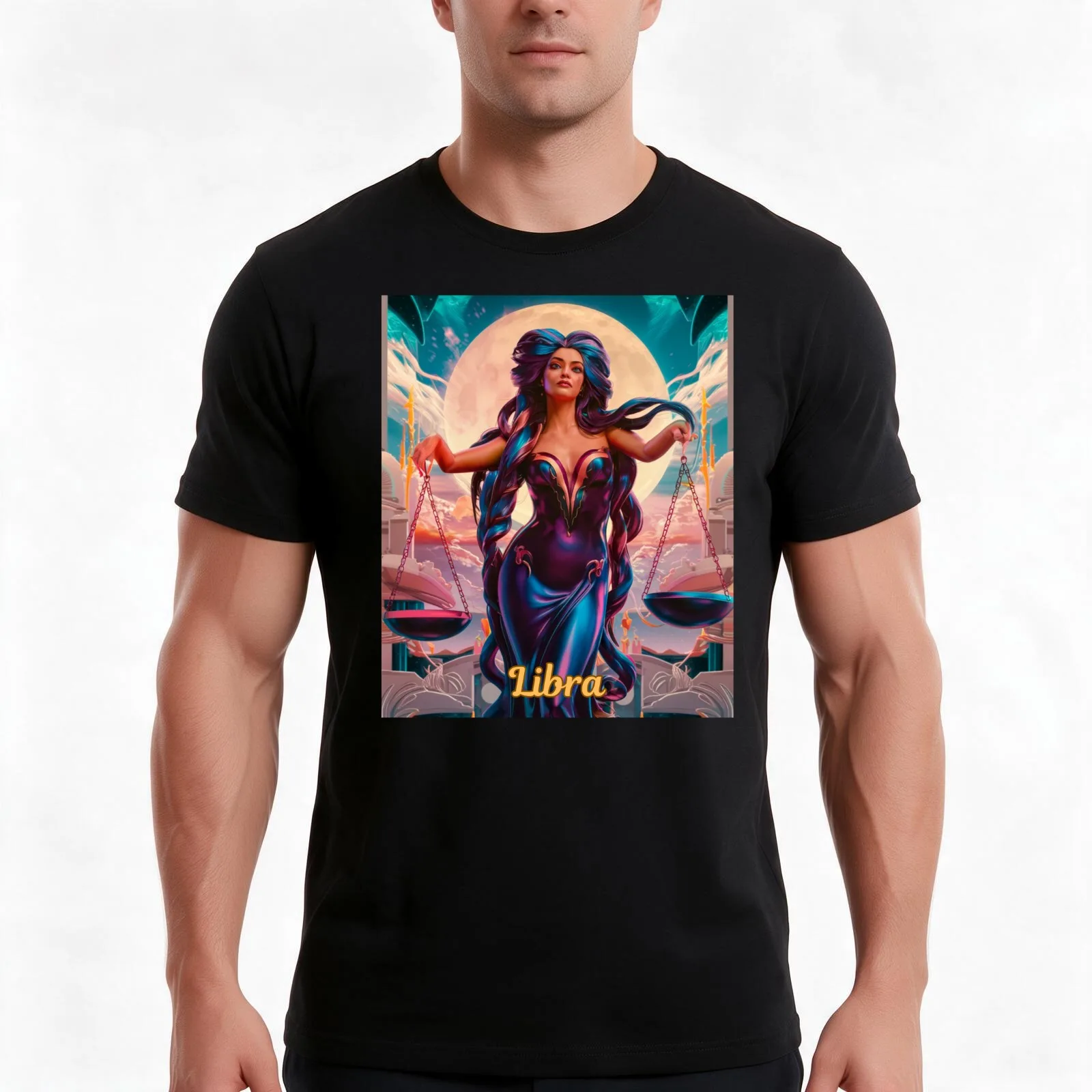 Libra Zodiac, whimsical lady, celestial woman T-Shirt, Summer Casual Cotton Tee, Oversized Streetwear Tops, Unisex Men Women