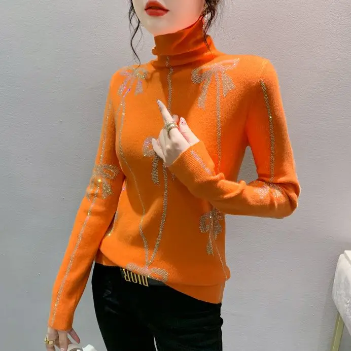 

Heavy Rhinestone Sweater Women Bow Collar Long Sleeve Knitted Top Winter Base Layer Turtleneck