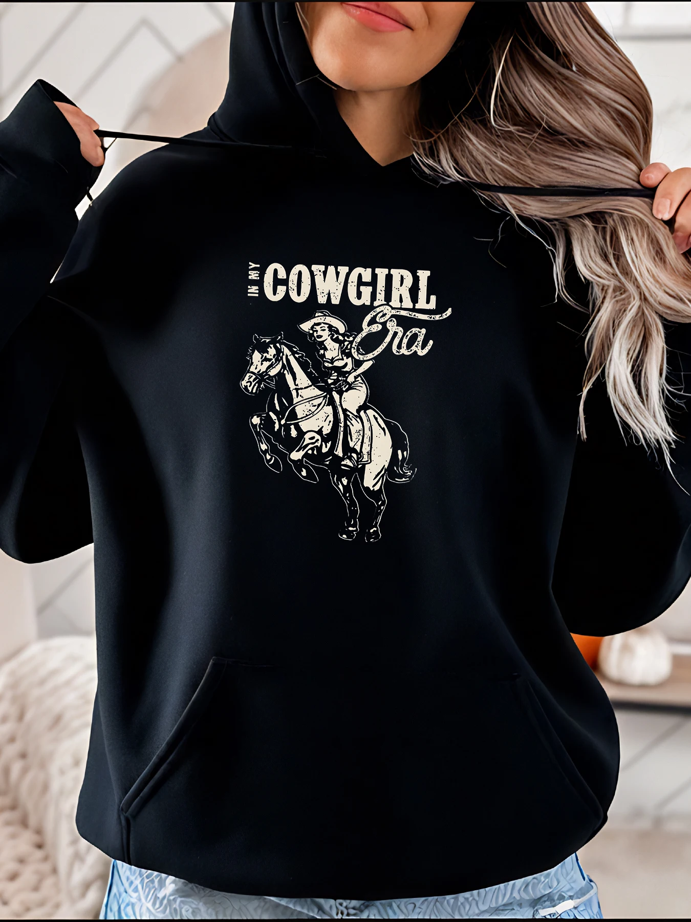 

Cowgirl Hoodie Women's Black Horse Riding Graphic Sweatshirt Casual Western Style Pullover for Cowgirls and Country Lovers