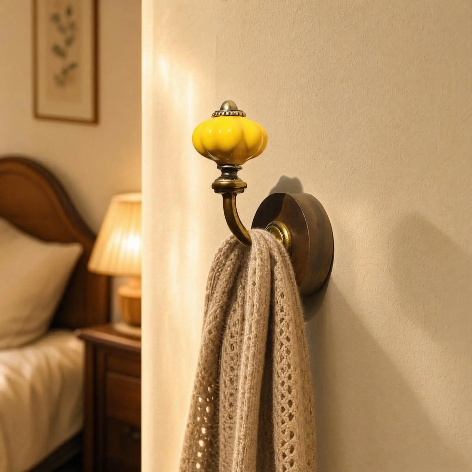 Decorative Wall Mounted Coat Hook with Glossy Ribbed Ceramic Knob and Metal Arm for Bedroom Entryway