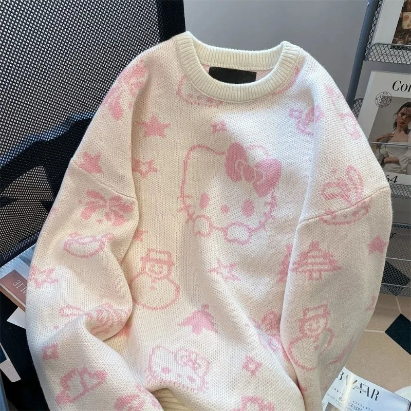 Maglione lavorato a maglia da donna con stampa Sanrio Hello Kitty Maglieria morbida e carina Stile coreano Y2k Dolce stile preppy Top Fondo autunnale