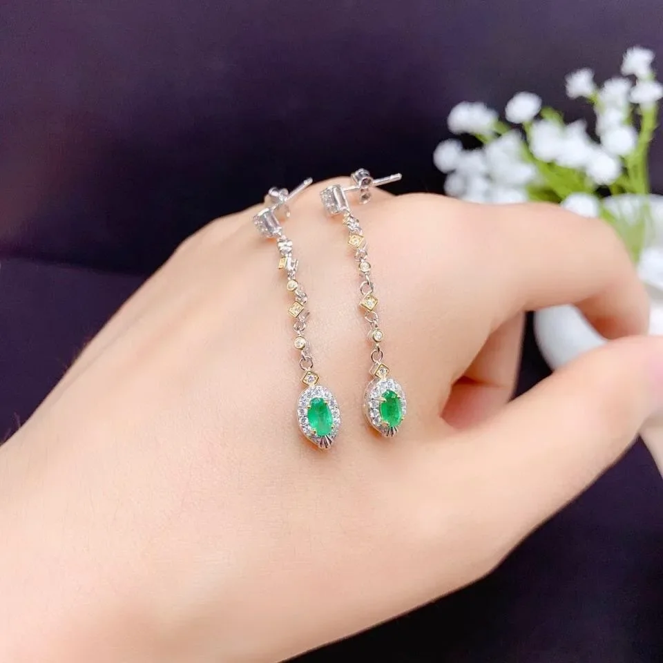 Natural emerald earrings 925 silver two-color electroplating process women's party wedding jewelry