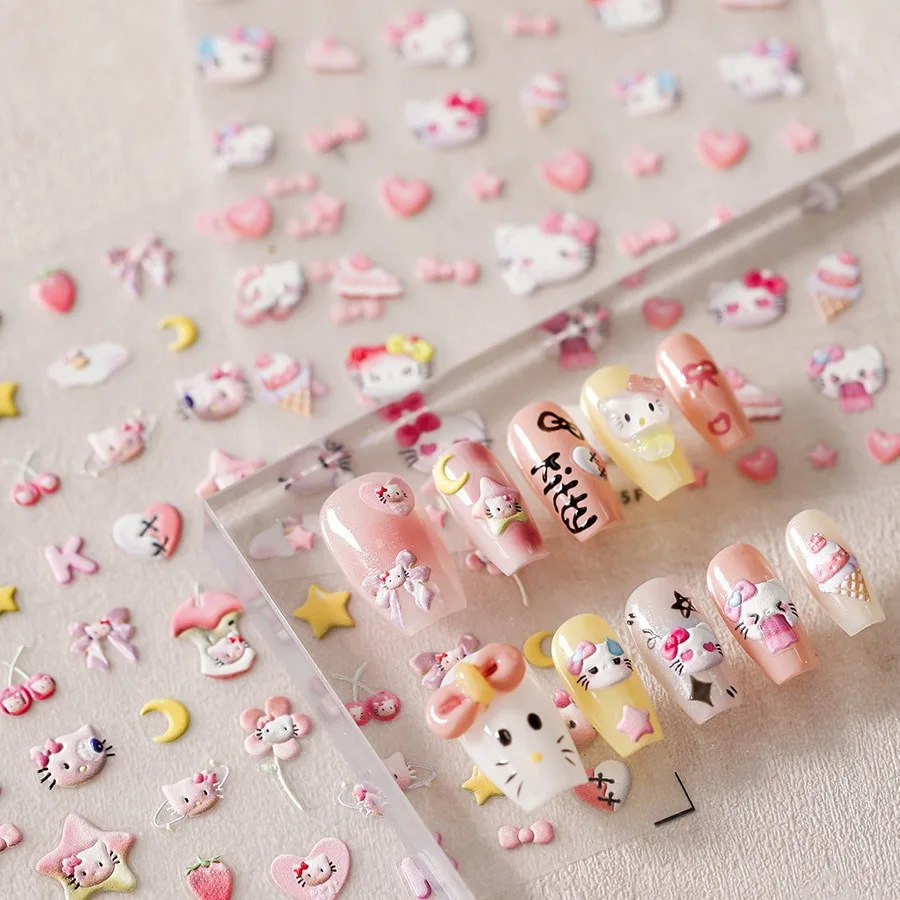 1PCS New Sanrio Hearts Hello Kitty 5D Nail Stickers Advanced Nail Art Decoration Cartoon Kuromi Melody Nail Art Stickers