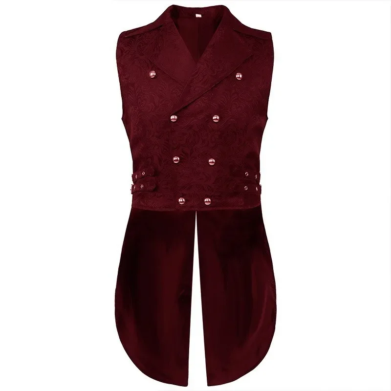 Men Medieval Vest Steampunk Coat Victorian Prom Costume Pleated Waistcoat Retro Top Double-breasted Jacquard Cloth
