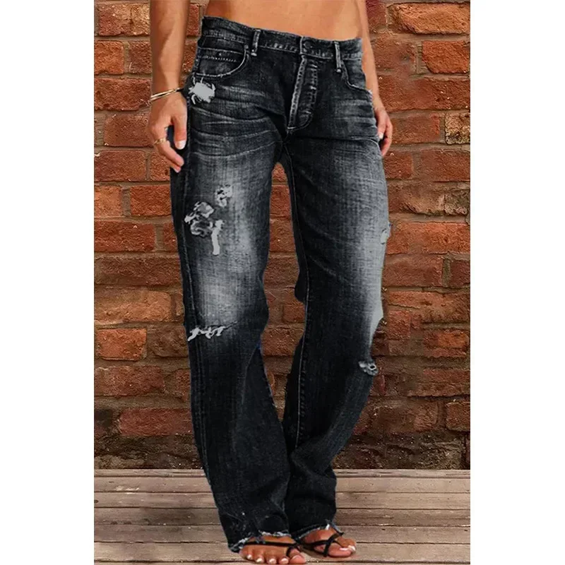 Mamá Jeans Pantalones de mezclilla Capris 2025 Mujeres rasgados Vintage Pantalones de pierna ancha rectos Jeans Pantalones largos Trabajo Verano Azul Jeans Capris