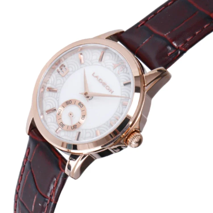 LADEON High Quality Rose Gold Case For Men's Casual Leather Strap Quartz Watch Water Resistance Gent Watch